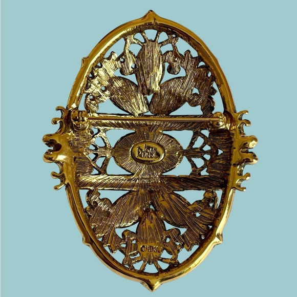 Vintage Joan Rivers Gold Plated Oval Brooch With Tiger’s Eye And Resin Stones - Picture 5 of 6